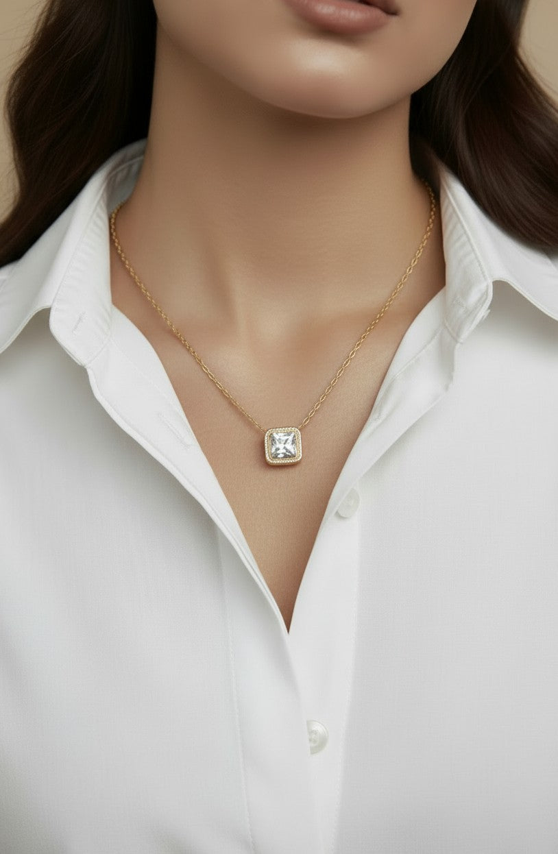 18K Gold Vermeil Bezel Princess Cut CZ Necklace