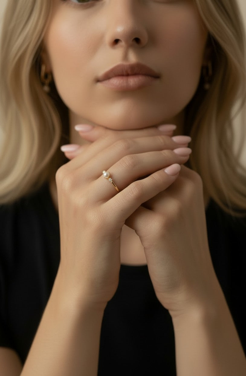18k Gold Filled Pearl & Crystal Ring