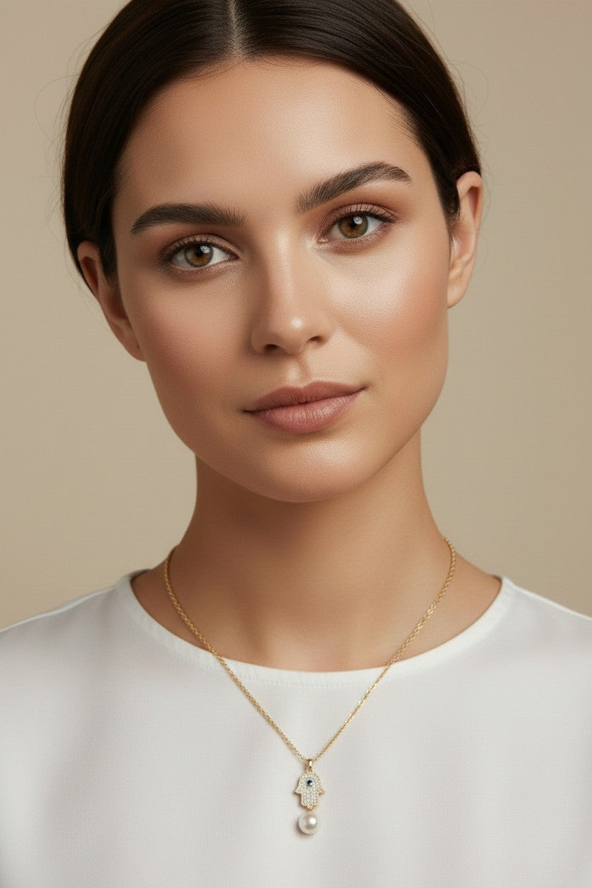 🪬 18k Gold Filled Hamsa Pearl Necklace — Wear Your Protection. Carry Your Intention.