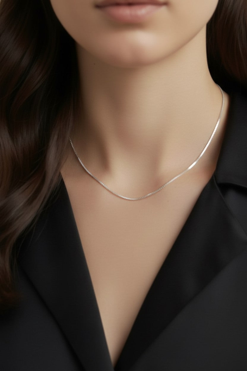 Sterling Silver 0.8mm Box Chain Necklace — Fine Enough to Feel Effortless. Present Enough to Be Seen.