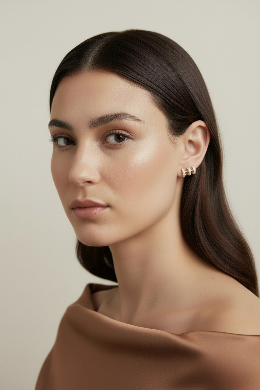 ✨ 18k Gold Filled Triple Pavé CZ Bar Stud Earrings — Three Rows of Sparkle, One Perfect Stud