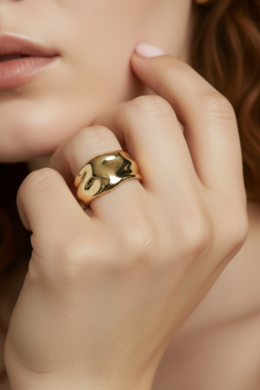 Wide Band Ring for Women - Chunky Statement Crumpled Design