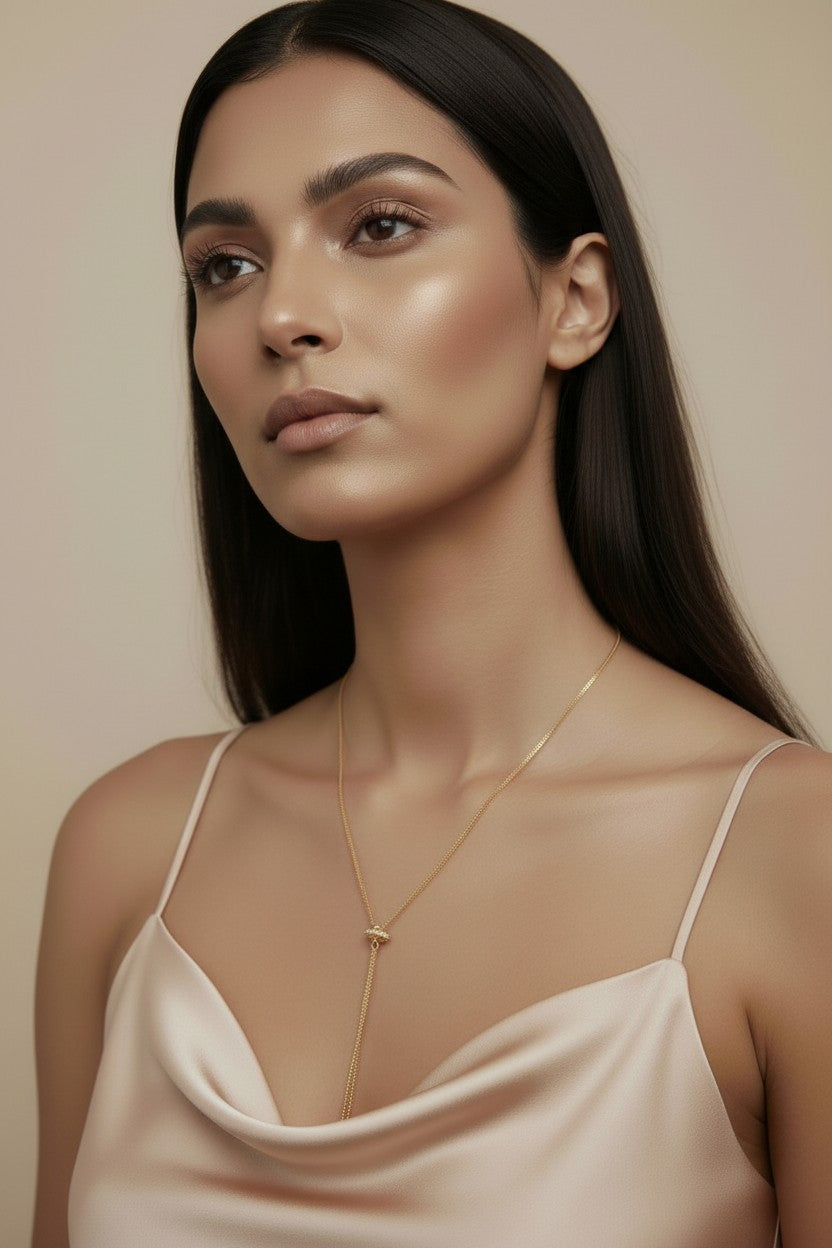 ✨ 18k Gold Filled CZ Bar Lariat Tassel Necklace — Minimalist Design, Maximum Impact