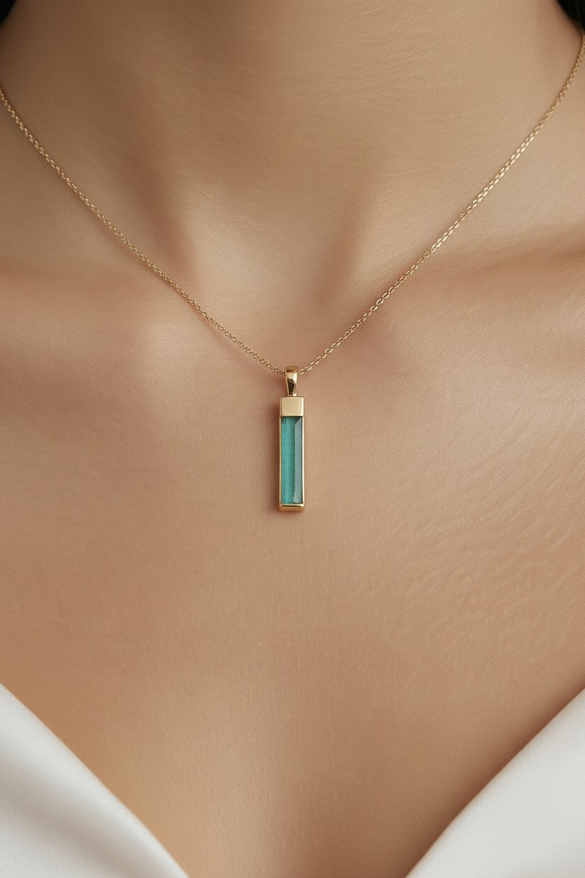 Mint Crystal Baguette Pendant for Women - Long Green Crystal Necklace Charm