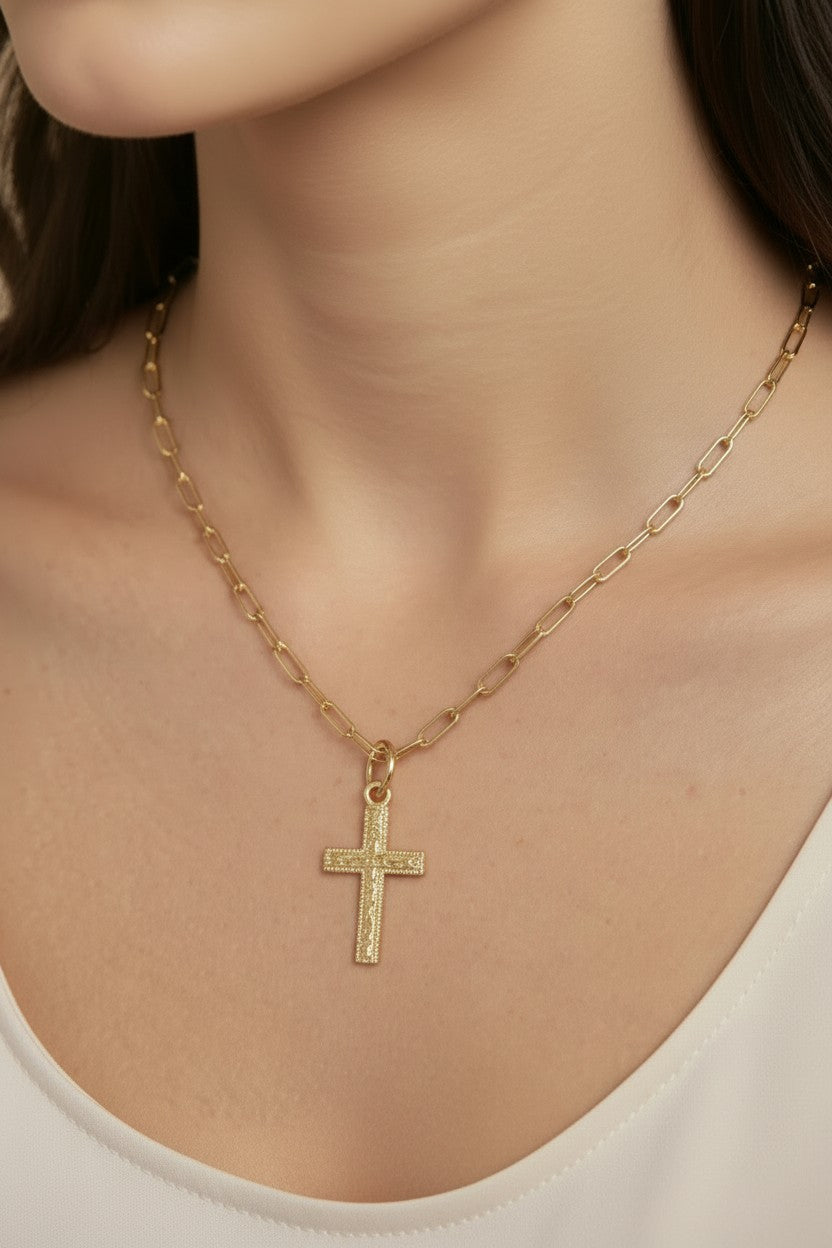 18k Gold Filled Engraved Milgrain Cross Charm — Faith with Old-World Craftsmanship. Worn Today.