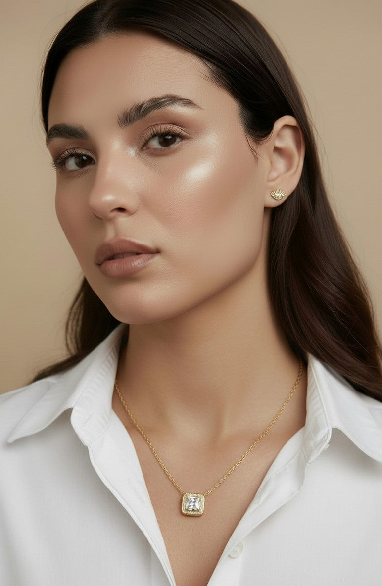 18K Gold Vermeil Bezel Princess Cut CZ Necklace