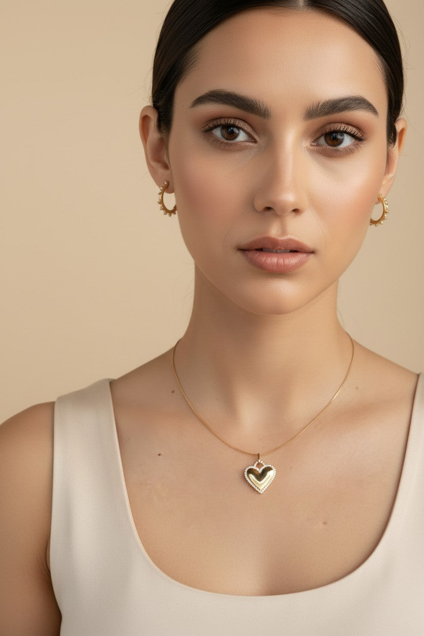 💛 18k Gold Filled CZ Border Heart Pendant — Outlined in Light. Open at the Center.
