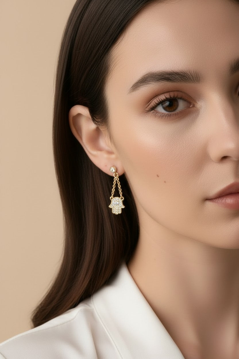 🤲 18k Gold Filled CZ Hamsa Double Chain Dangle Earrings — Protection That Moves With You