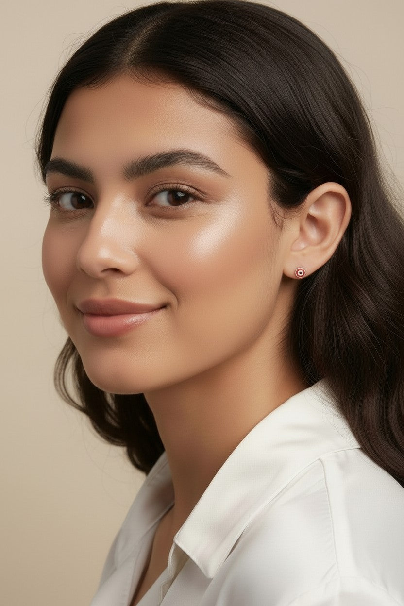 Evil Eye Stud Earrings - Tiny Red Enamel Protection Studs for Women