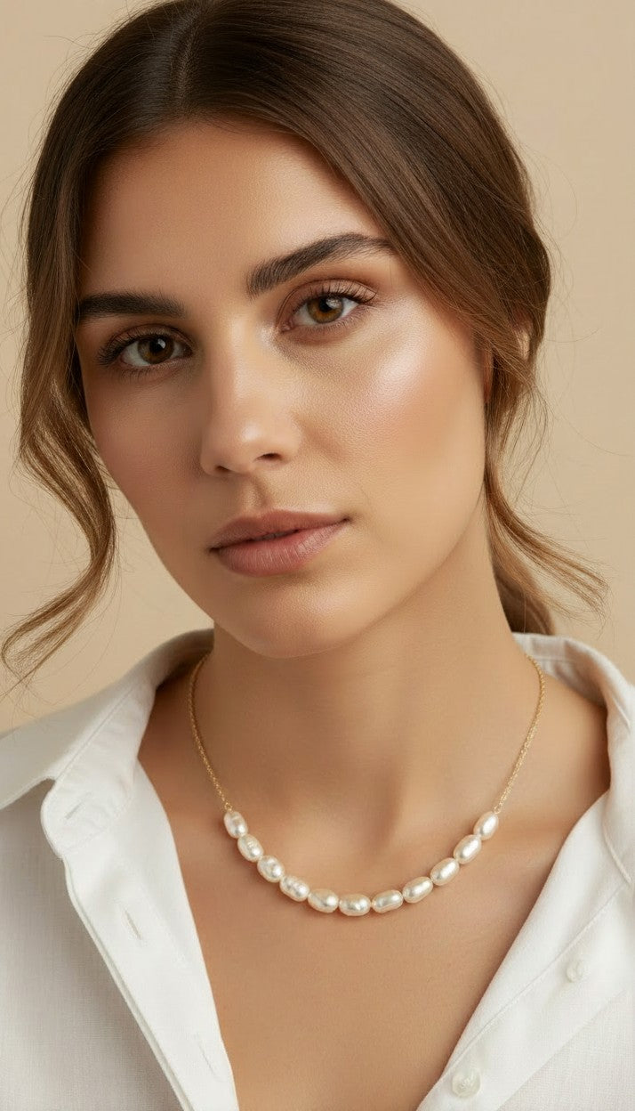🤍 18k Gold Filled Baroque Pearl Necklace — The Spaced Pearl Design. Closer to the Collarbone.