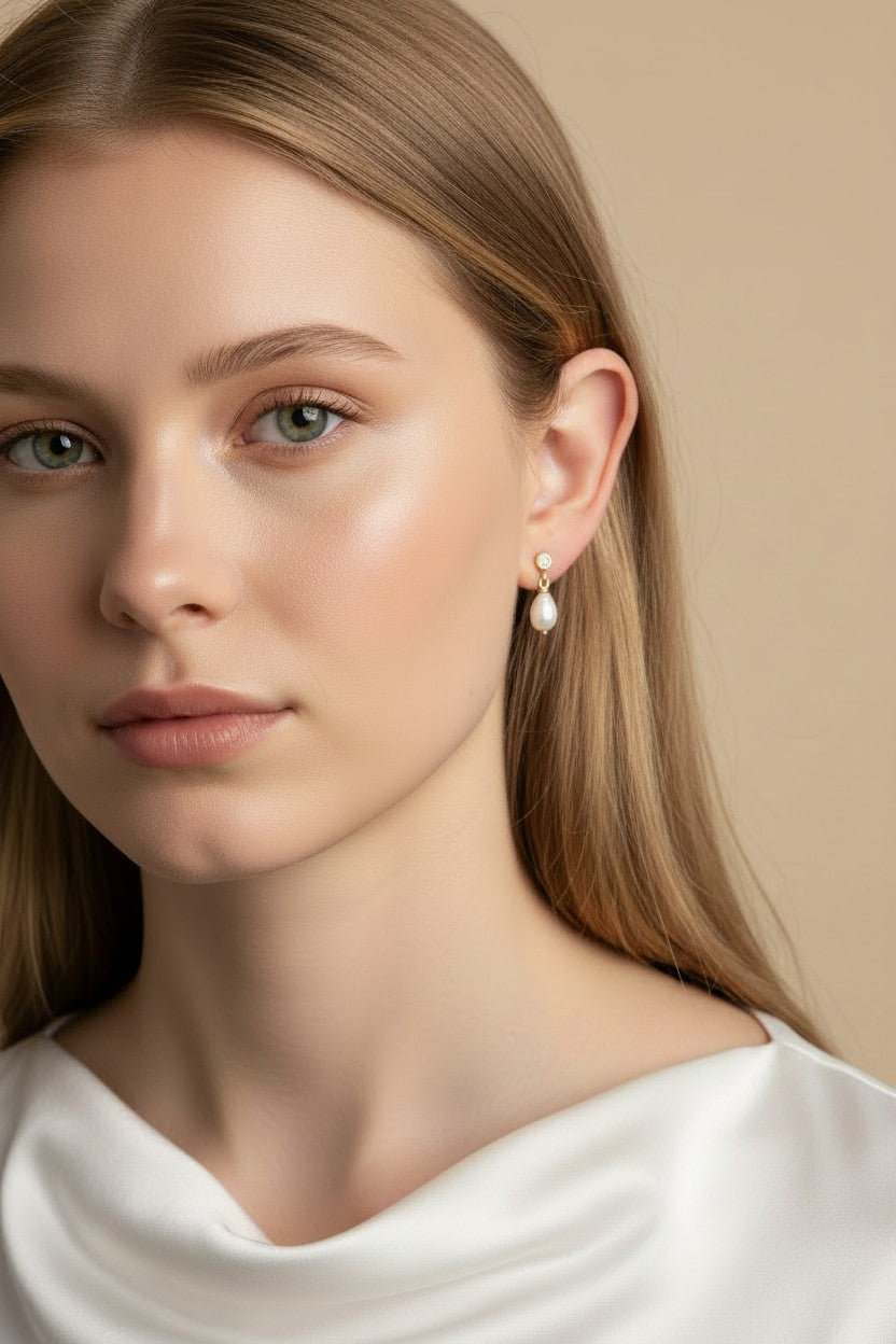 🤍 18k Gold Filled Freshwater Baroque Pearl & CZ Dangle Earrings — Crystal Above. Pearl Below. Nature's Own Pair.