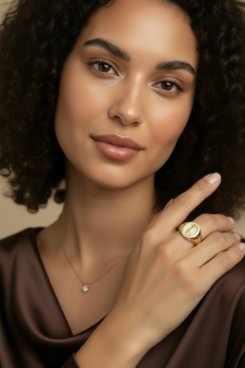 🙏 18k Gold Filled Our Lady of Guadalupe CZ Signet Ring — La Virgencita. On the Finger. Always.