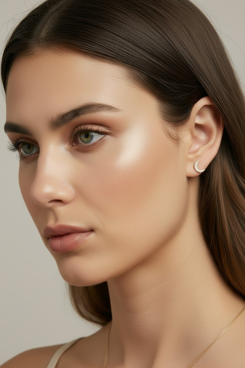 🌙 18k Gold Filled CZ Crescent Moon Stud Earrings — The Moon, Covered in Stars.
