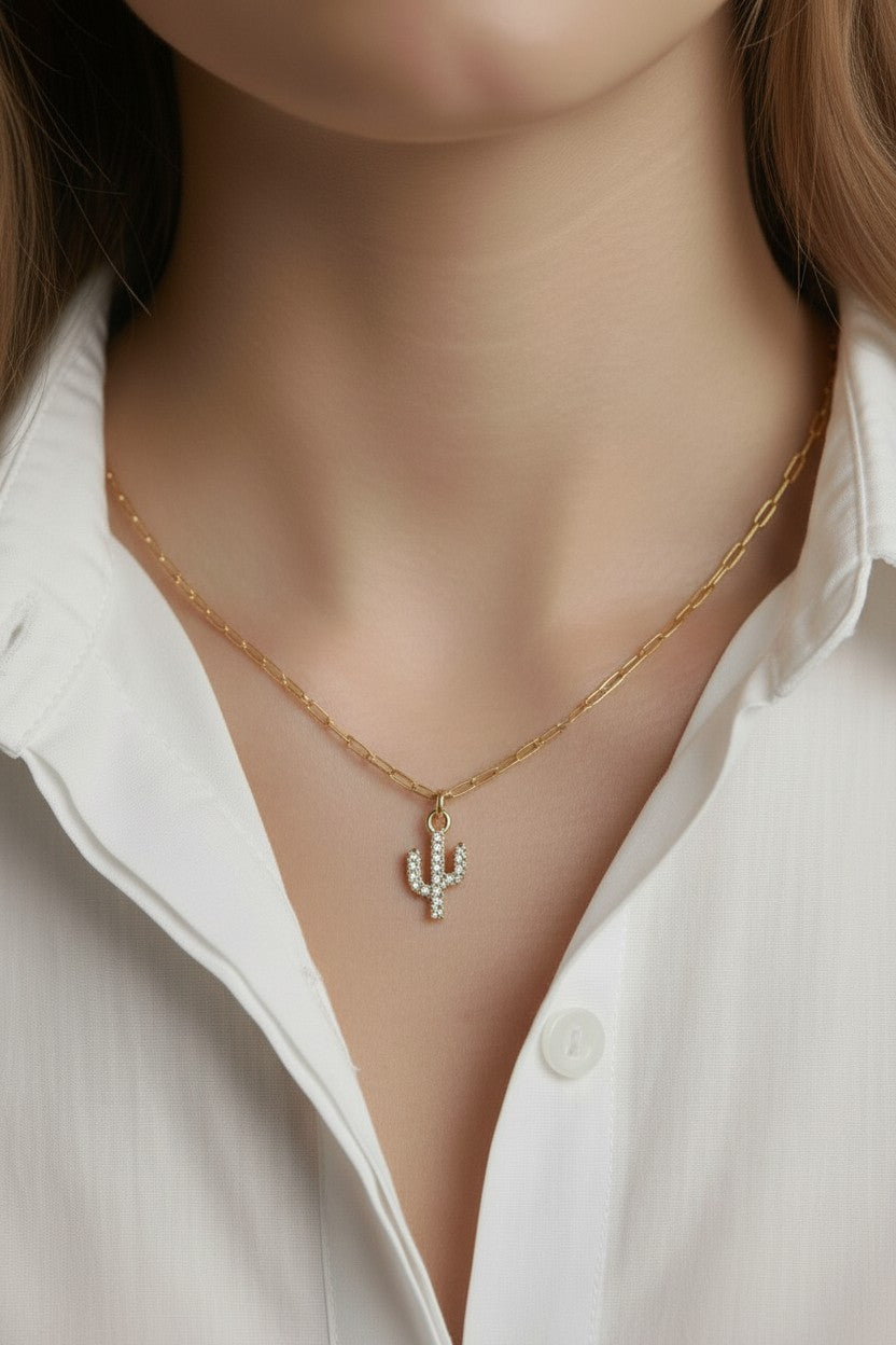 18k Gold Filled CZ Cactus Charm — Desert Soul, Golden Sparkle, Endlessly Cool