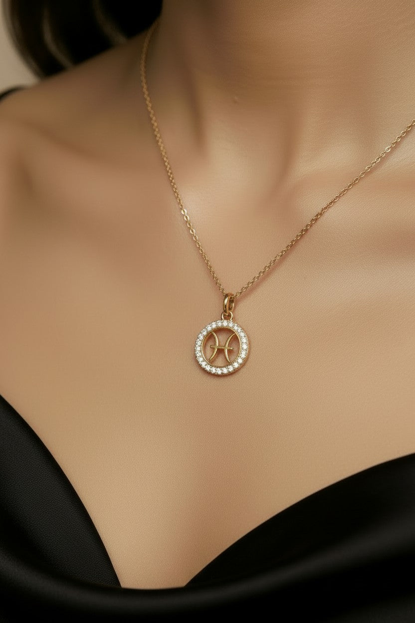 ♓ 18k Gold Filled Mini Pisces Zodiac Pendant — The Dreamer's Sign. CZ-Edged. Worn With Depth.
