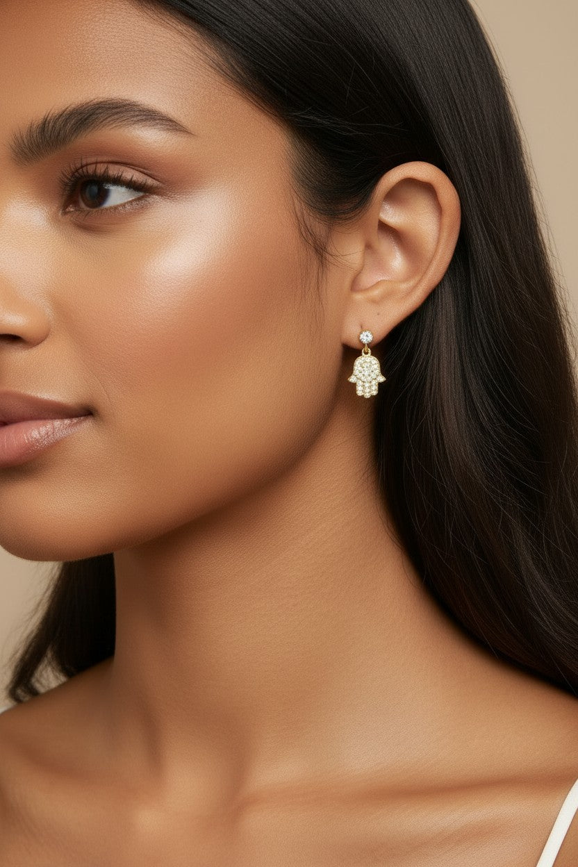 18k Gold Filled CZ Hamsa Drop Earrings — Protection Above. Sparkle Below.