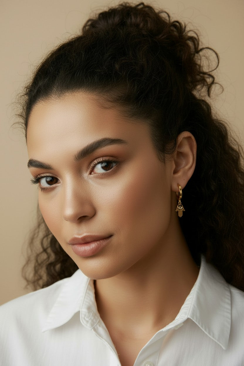 🤲 18k Gold Filled Hamsa Hoop Earrings — The Hand of Protection, Hanging from Warm Gold.