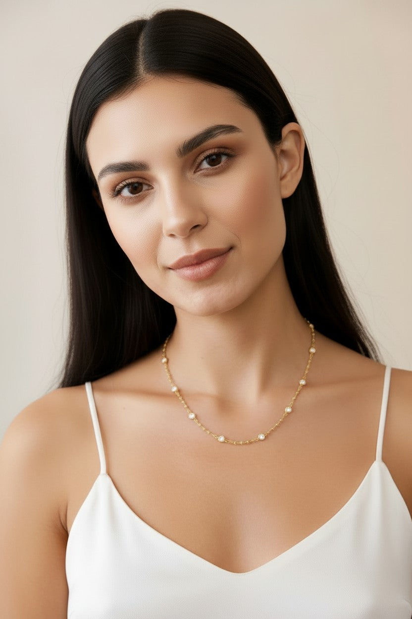 ✨ 18k Gold Filled Bead & CZ Necklace — Warm Gold. Quiet Sparkle. The Detail That Makes It.