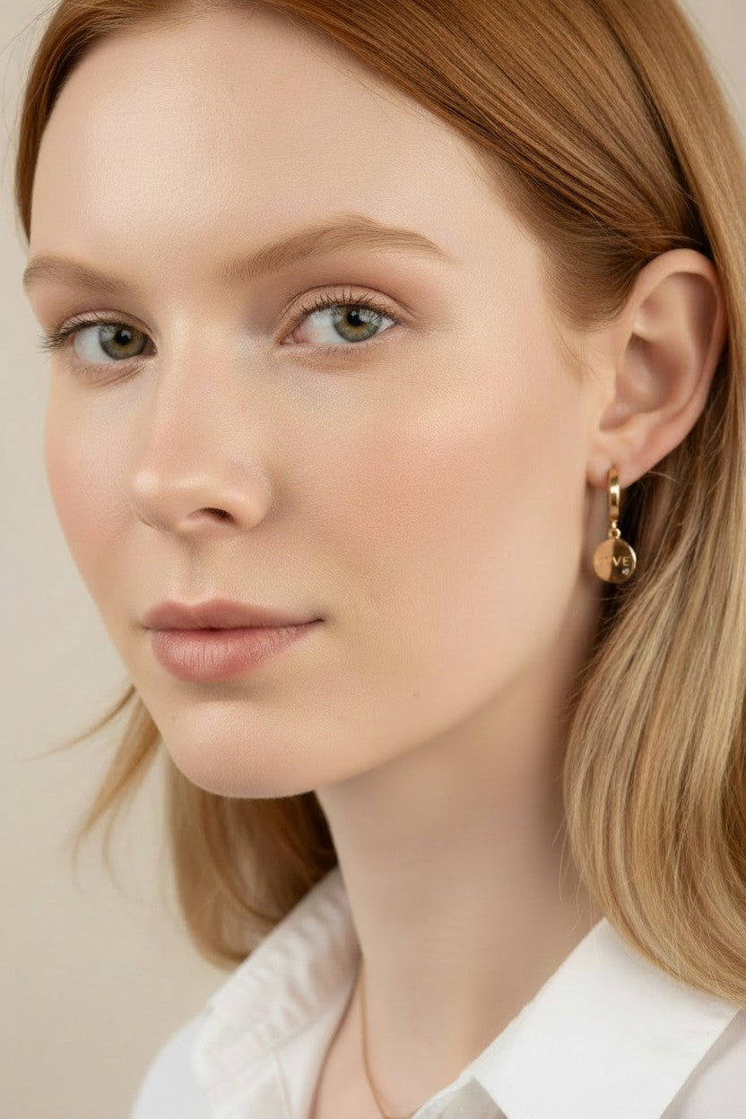 💛 18k Gold Filled LOVE Medallion Hoop Earrings — A Small Hoop. A Circle of Love. Everything It Says.