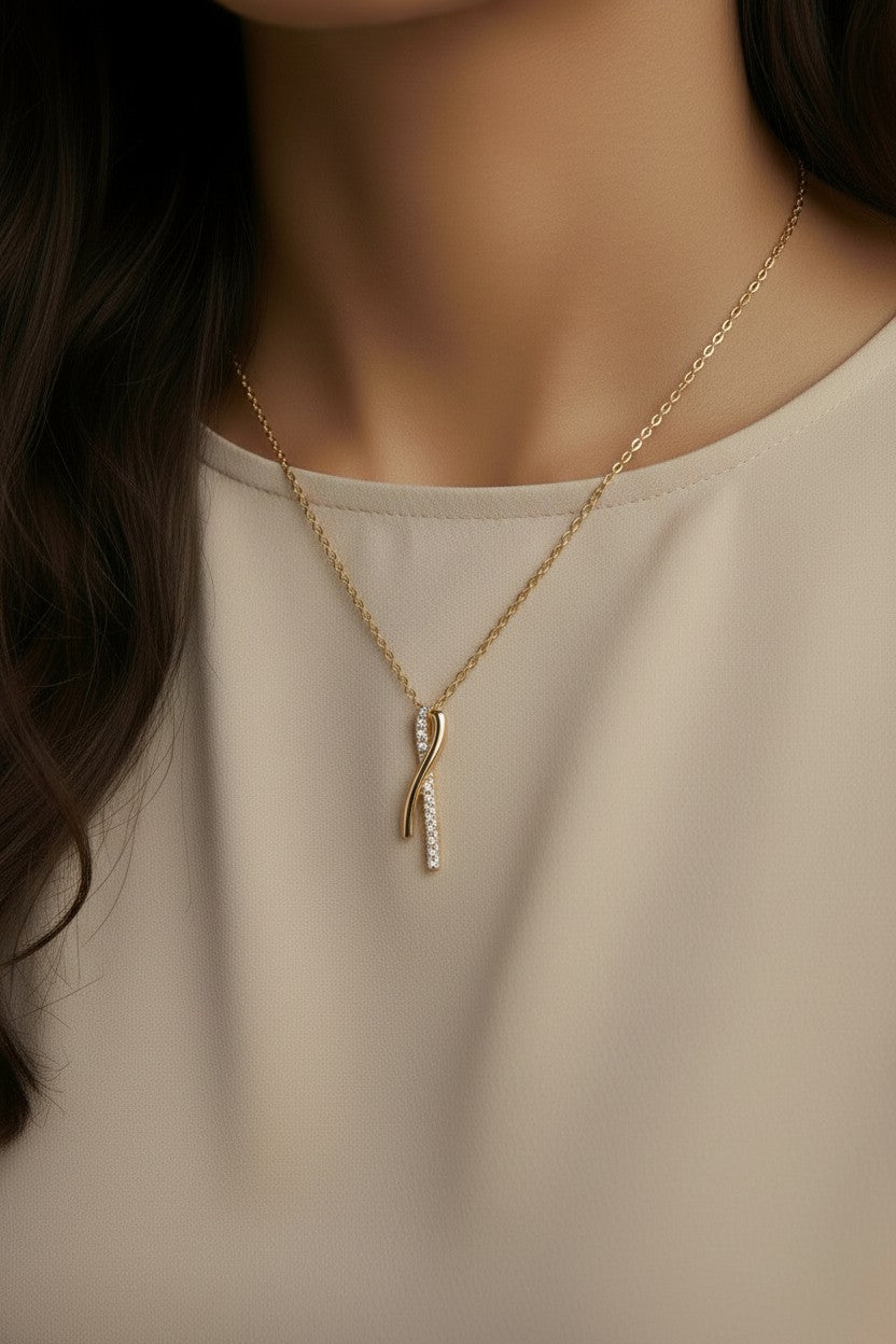 18k Gold Filled Curve Bar CZ Necklace