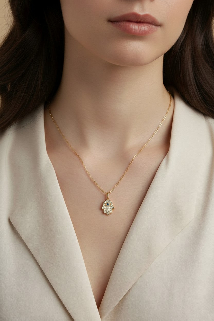Evil Eye Hamsa Pendant | Hand of Fatima Charm | Protection Jewelry | CZ Diamond Pendant for Women