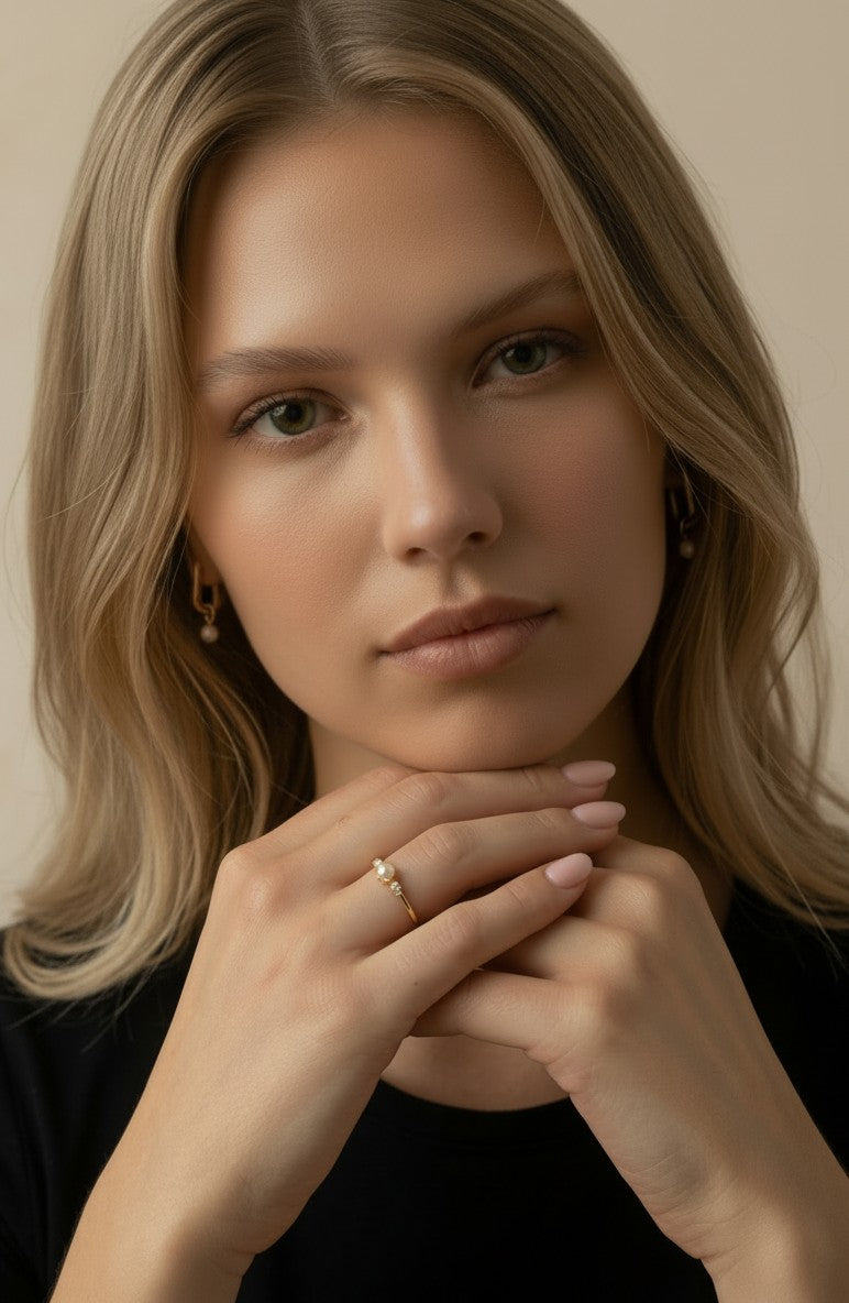 18k Gold Filled Pearl & Crystal Ring