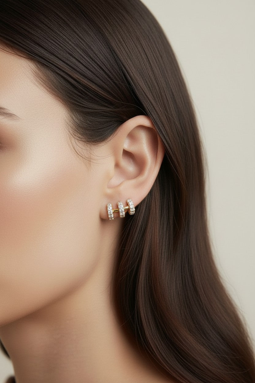 ✨ 18k Gold Filled Triple Pavé CZ Bar Stud Earrings — Three Rows of Sparkle, One Perfect Stud
