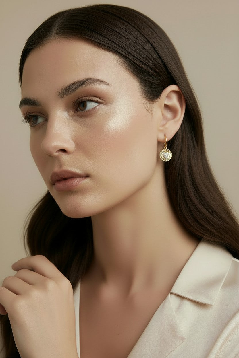 18k Gold Filled Spoke Texture Heart Charm Cubic Zirconia Earrings