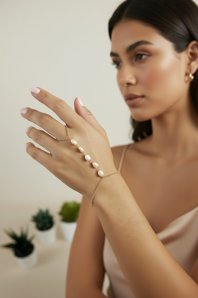 🤍 18k Gold Filled Baroque Pearl Hand Chain — From Wrist to Finger. The Hand, Adorned Entirely.