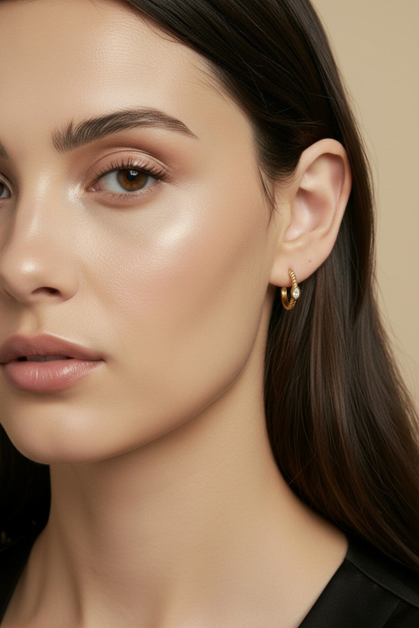 18k Gold Filled Mini CZ Eye C-Hoop Earrings — The Protective Gaze, Set in Warm Gold.