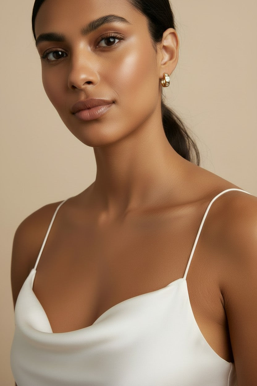 ✨ 18k Gold Filled Three-Stone CZ Huggie Earrings — Three Large Stones. One Row. Maximum Sparkle, Close to the Lobe.