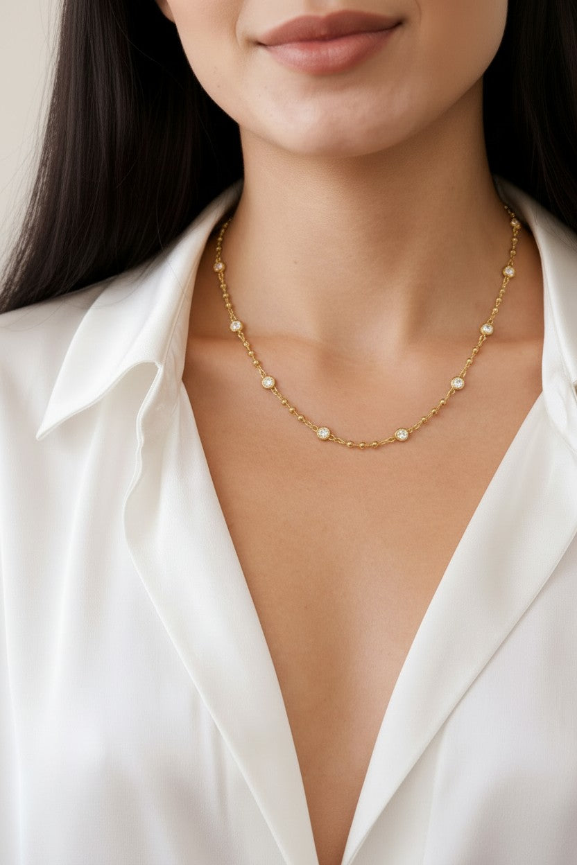 ✨ 18k Gold Filled Bead & CZ Necklace — Warm Gold. Quiet Sparkle. The Detail That Makes It.
