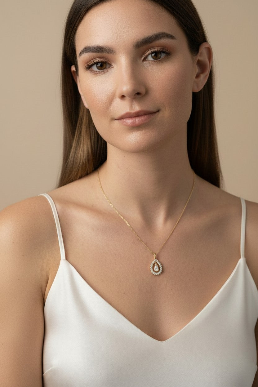 18k Gold Filled Pear Halo CZ Necklace — The Pendant That Looks Like Fine Jewelry