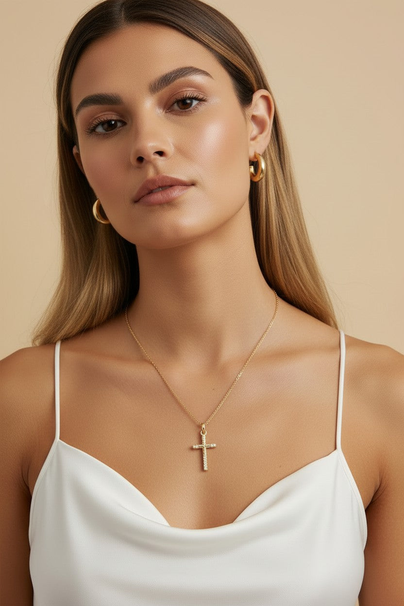 ✝️ 18k Gold Filled CZ Cross Pendant — Four Points. Four Stones. Faith That Catches the Light.
