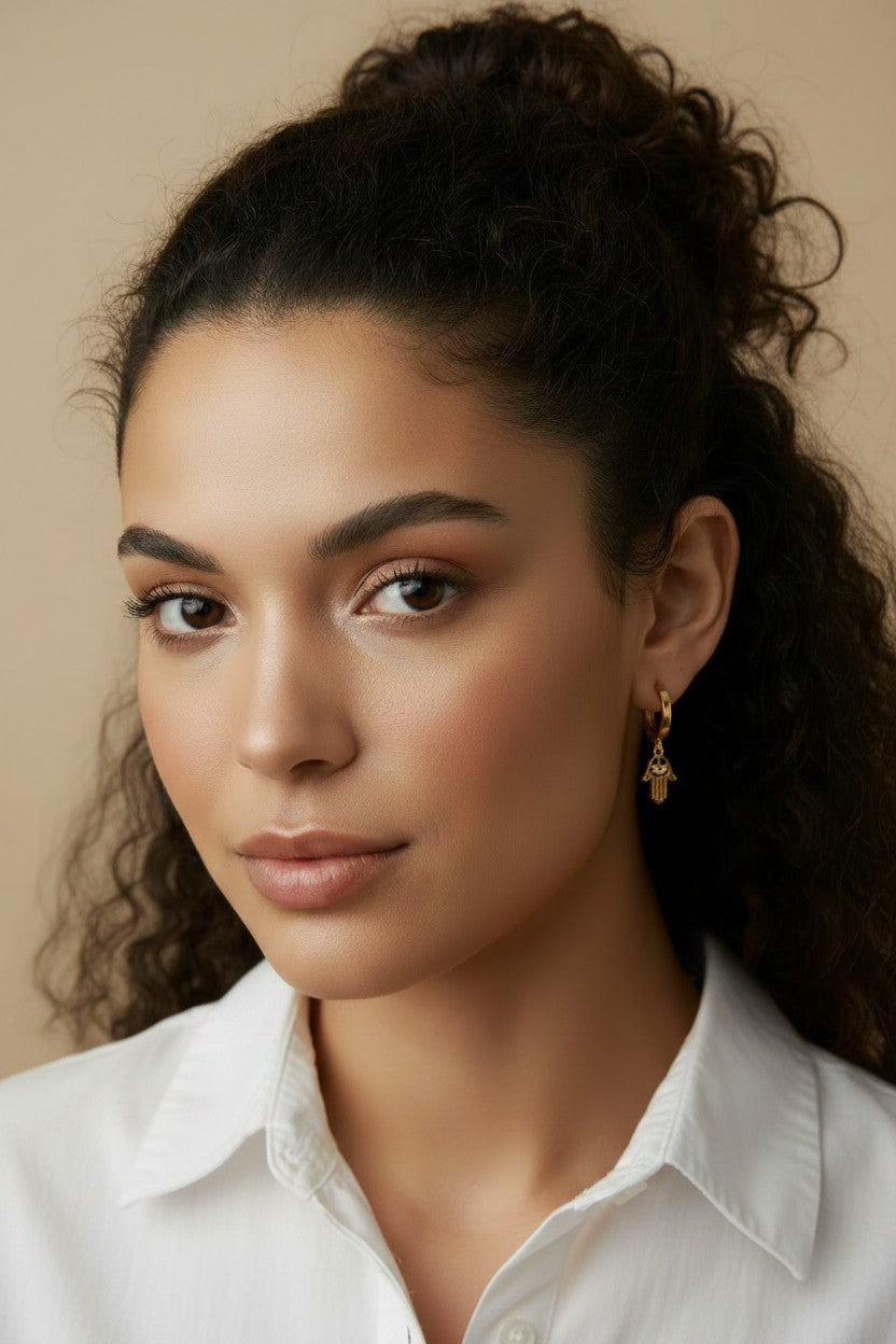 🤲 18k Gold Filled Hamsa Hoop Earrings — The Hand of Protection, Hanging from Warm Gold.