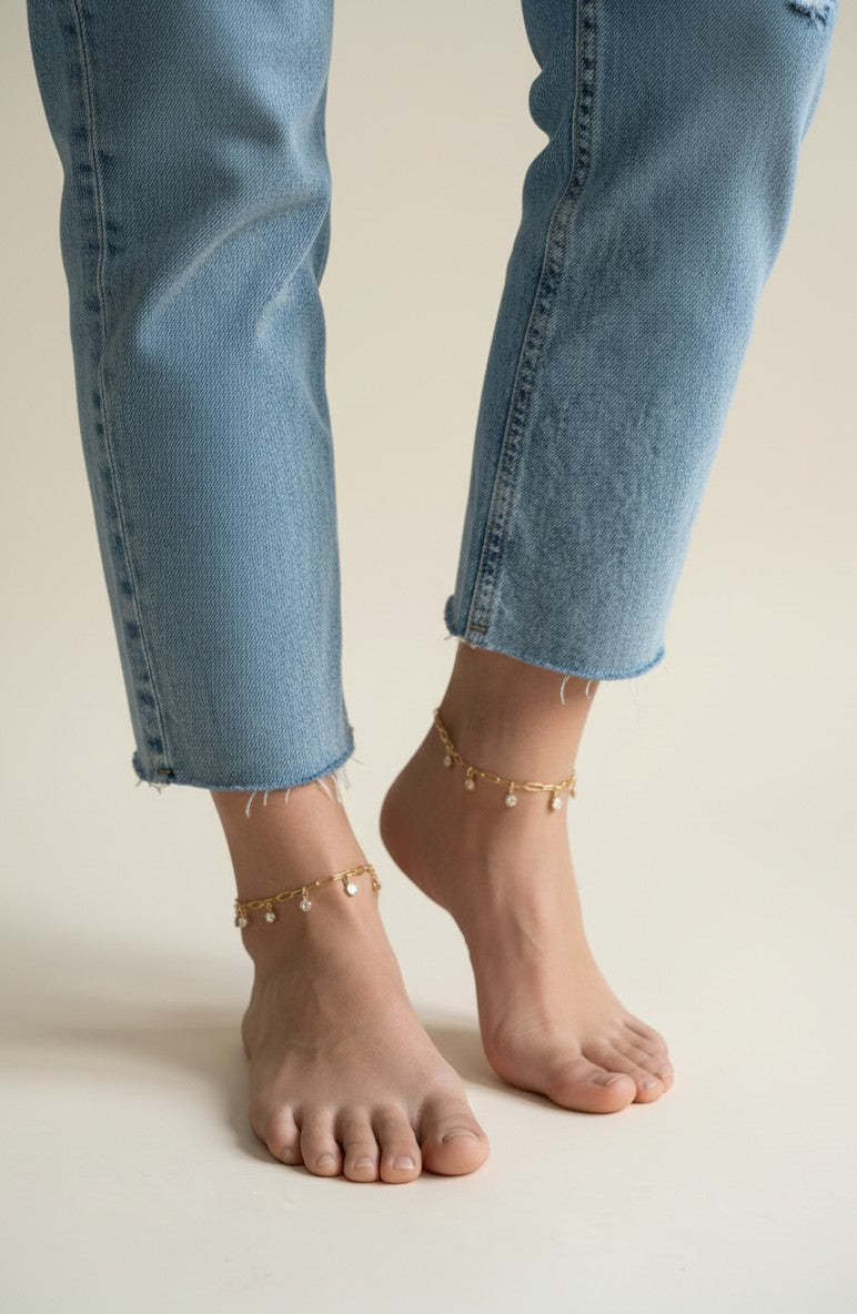 18k Gold Filled Paperclip Chain with Bezel CZ Drops Anklet