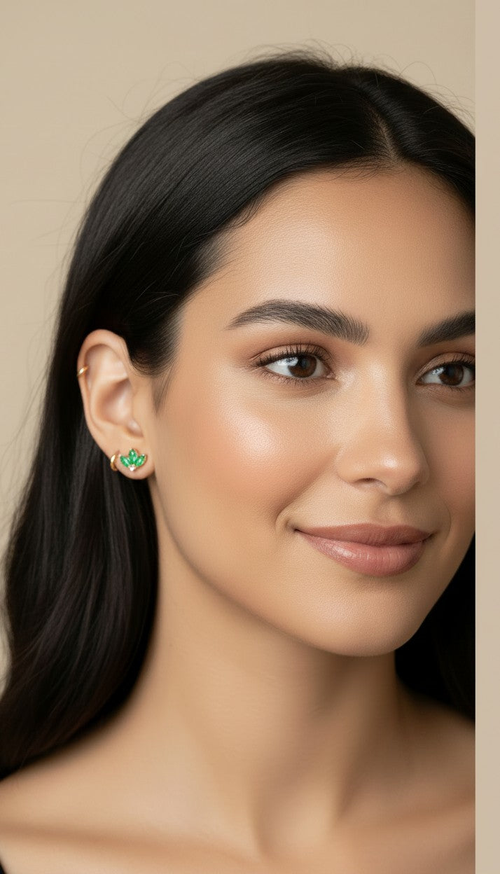 🌿 18k Gold Filled Emerald Lotus Flower CZ Stud Earrings — Ancient Symbol. Four Green Stones. A Color That Changes Everything