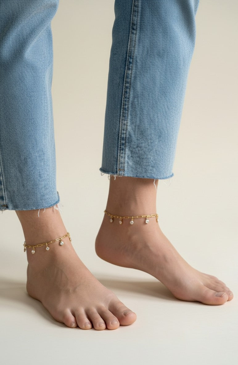 18k Gold Filled Paperclip Chain with Bezel CZ Drops Anklet
