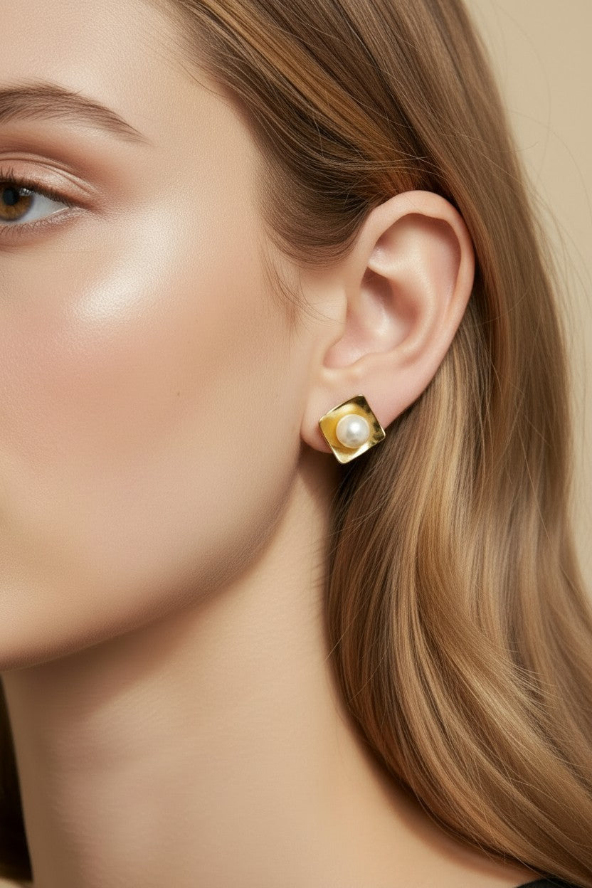 18k Gold Filled Pearl Stud Earrings In A Square Plate