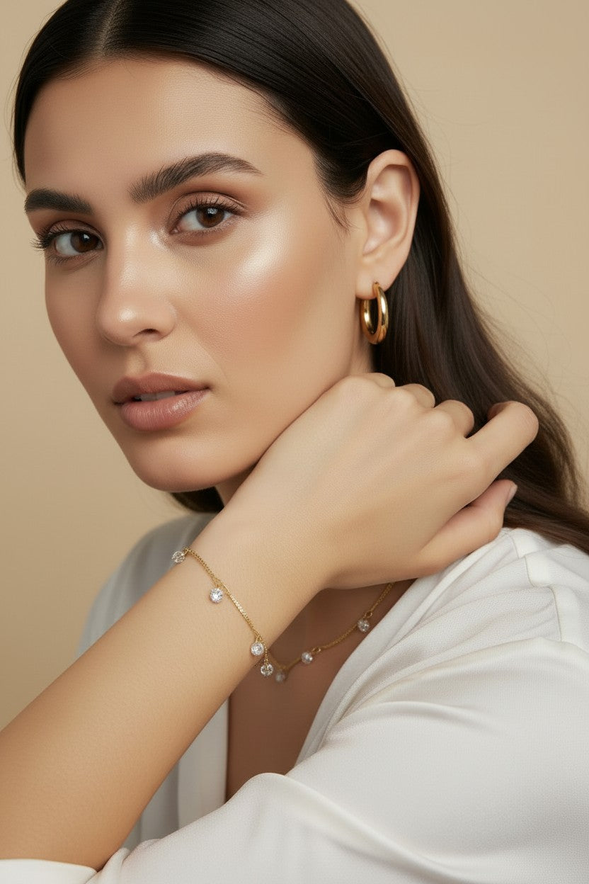 18K Gold Filled Box Chain & CZ Stones Bracelet
