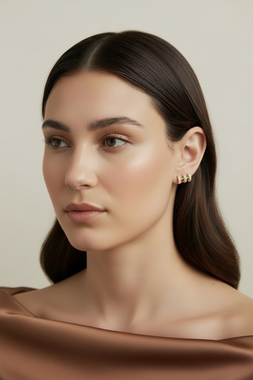 ✨ 18k Gold Filled Triple Pavé CZ Bar Stud Earrings — Three Rows of Sparkle, One Perfect Stud