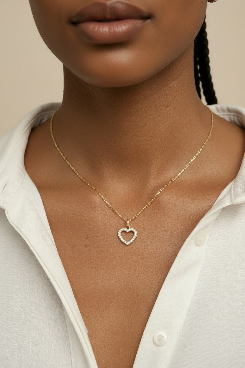 18k Gold Filled CZ Open Heart Necklace — Love, Outlined in Sparkle. Worn Close Always.