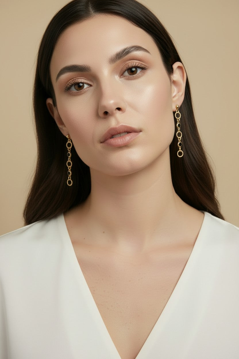 18k Gold Filled Black Bezel CZ & Circles Dangling Earrings