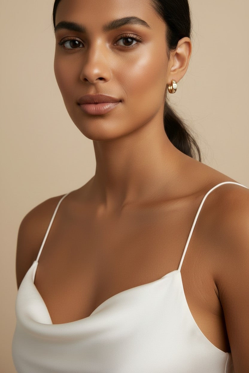 ✨ 18k Gold Filled Three-Stone CZ Huggie Earrings — Three Large Stones. One Row. Maximum Sparkle, Close to the Lobe.