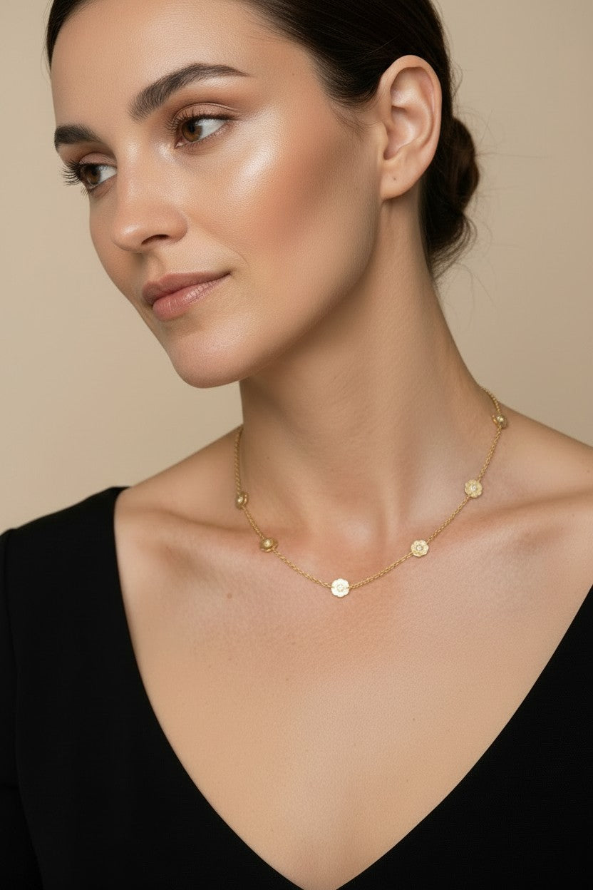 🌸 18k Gold Filled CZ Flower Charm Necklace — A Garden at the Collarbone. One Tiny Spark per Bloom.