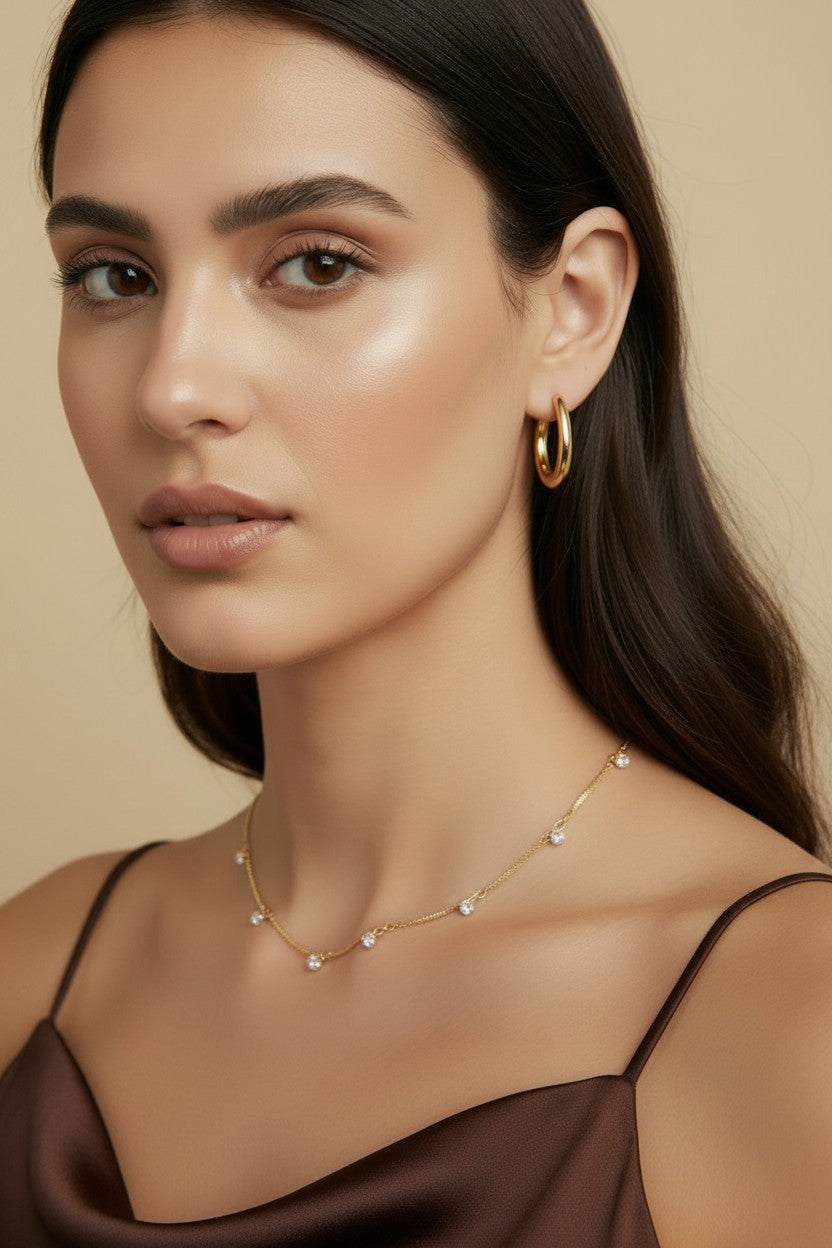 18k Gold Filled Box Chain & Dangling CZ Stones Necklace