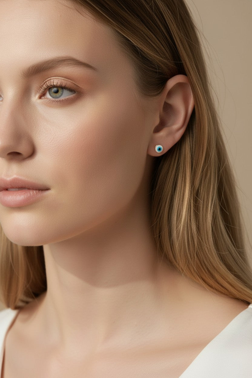 👁️ 18k Gold Filled Blue & White Evil Eye Stud Earrings — The Classic Gaze. The Original Color. Always Watching.