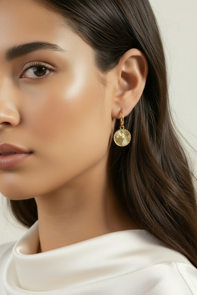 🧭 18k Gold Filled Compass Charm C-Hoop Earrings — Find Your Direction. Wear It at the Ear.