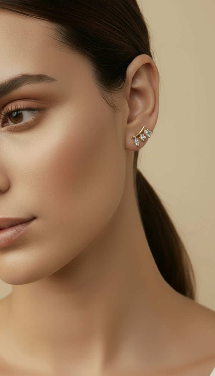 ✨ 18k Gold Filled Three-Shape CZ Cluster Stud Earrings — Drop. Circle. Baguette. One Masterful Composition.