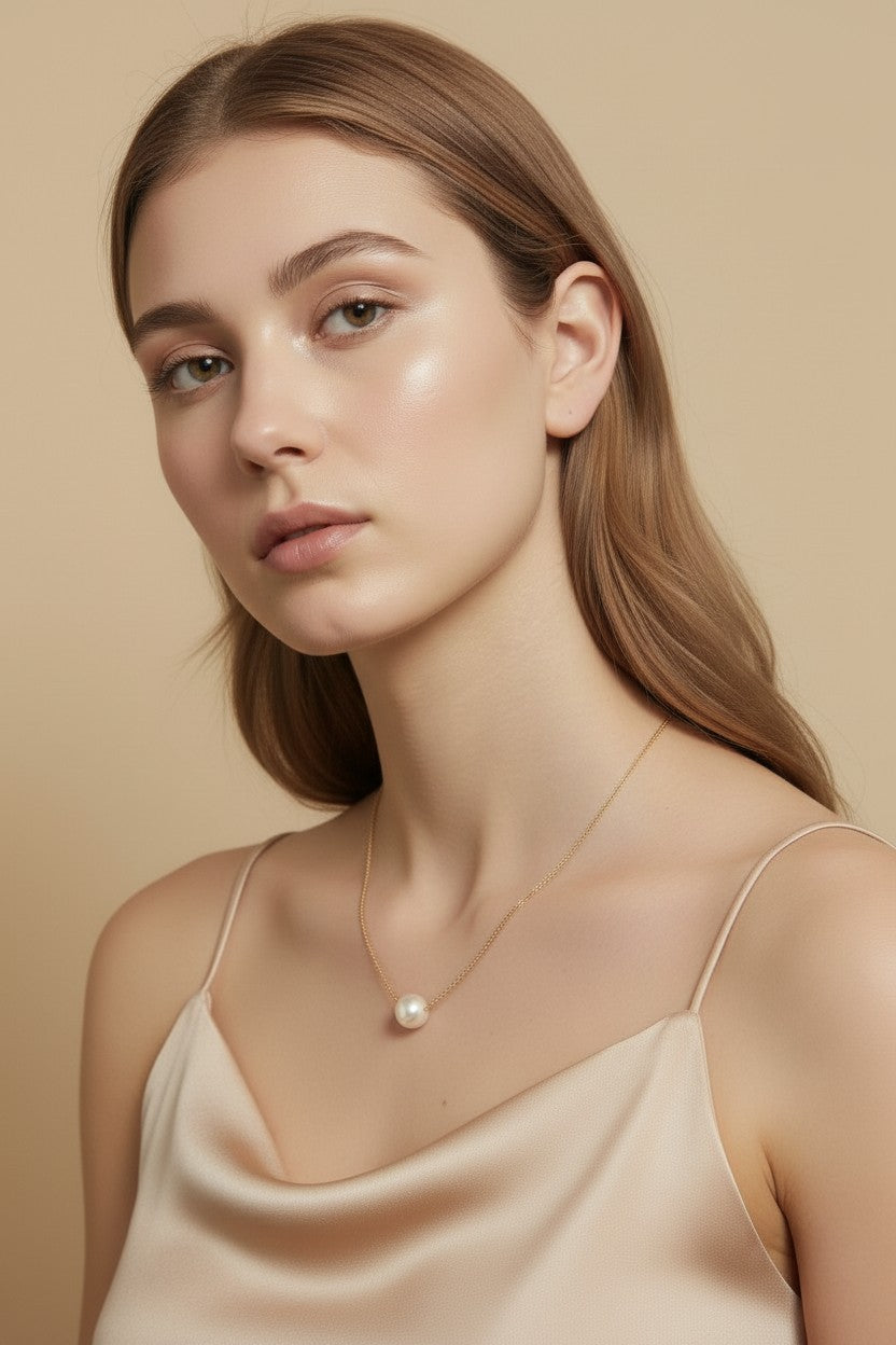 Solitaire Pearl Necklace - Delicate Diamond Cut Chain